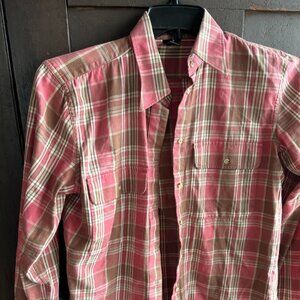 LAUREN RALPH LAUREN WOMENS ROSE AND BROWN STRIPED BUTTON DOWN SHIRT M